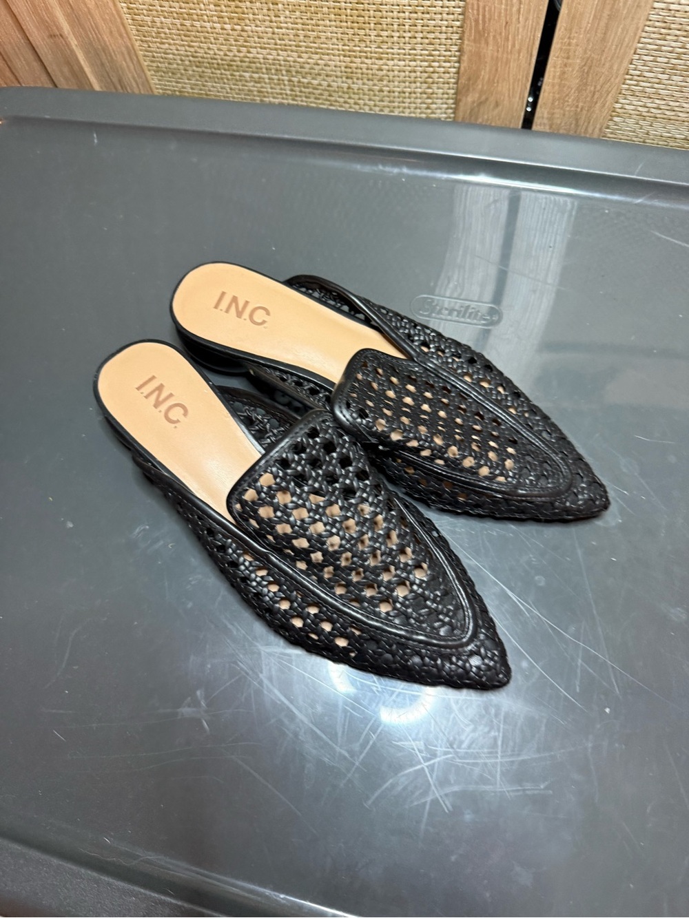 INC International Concepts Black Woven Pointed Mule Slides